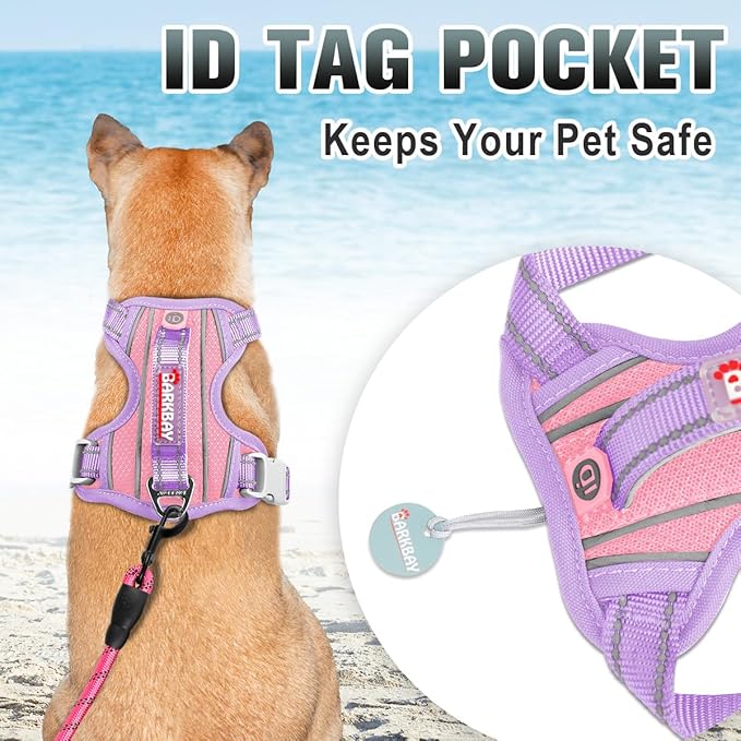 BARKBAY No Pull Dog Harness Large Reflective Dog Harness with Front Clip and Easy Control Handle for Walking Training Running with ID tag Pocket(Baby Pink & Violet Purple,L)