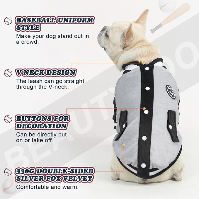 BEAUTYZOO Dog Sweaters for Small Medium Large Dogs, Dog Hoodie Warm Fleece Dogs Winter Clothes Cute Stylish Boy & Girl Dog Sweatshirts, Grey Sport Coats Baseball Uniform Jackets for Puppy, SM