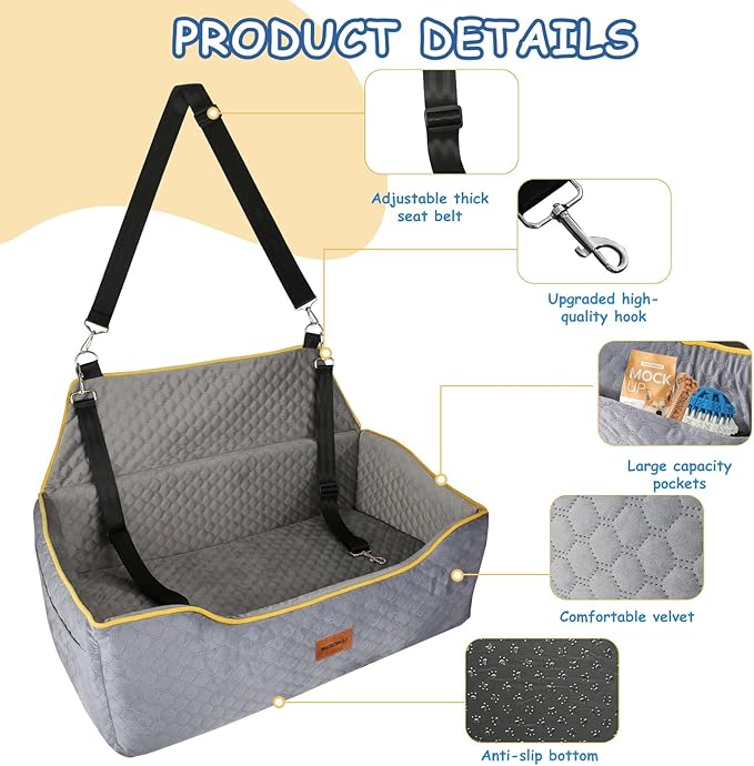 Car Seat for Large/Medium Dogs or 2 Small - Memory Foam Bed, Pet Safety Booster for Back Seats, Detachable Washable, Carriers Travel