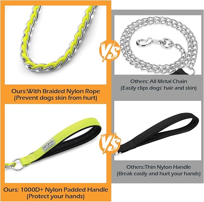 Chew Proof Metal Leash Chain Dog Leash for Medium Large Dogs, Chain Link Anti Chew 5FT Strong Anti Bite Comfortable Soft Padded Handle Yellow