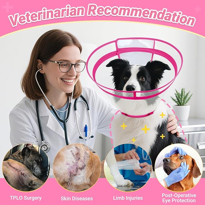 Dog Cone to Stop Licking, Clear Recovery Collar with Detachable Zipper, Sturdy Elizabethan Collar for Large Medium Small Dogs, Soft Adjustable Cone After Surgery Patented, Hot Pink XXL