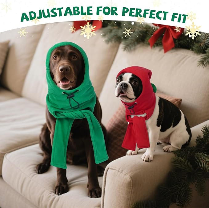 DENTRUN Dog Winter Hat - Cozy Fleece Hood & Scarf for Large Dogs, Noise-Greenucing Ear Cover, Christmas Costume, Green (L:12-18" Head Girth)