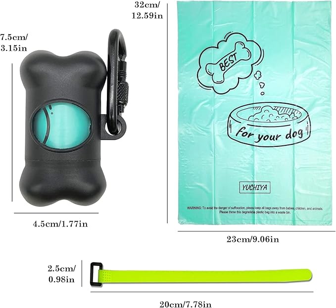 Dog Poop Pickup Bags Holder Dispenser with Standard-Sized Leak-Proof Scented Doggy Waste Bags and Carabiner with Safety Lock&Fastener Never Loose on Leash Lead Again (1 Holder 195 Bags, Black)