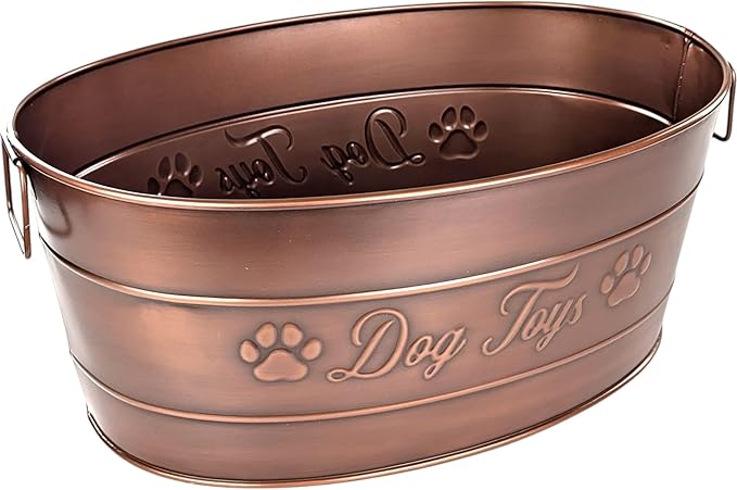BREKX Indestructible Metal Dog Toy Bin - Galvanized Metal Bin with Handles for Accessory Storage - Pet Toy Basket, Blanket Basket - Storage Dog Toy Box, Farmhouse Decor (Copper - 25 Quart)