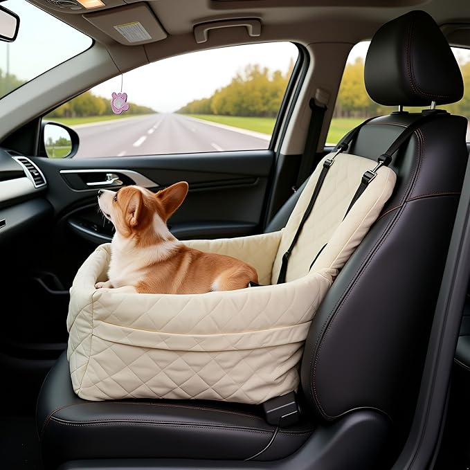 Dog Car Seats for Small Dogs, Memory Foam Dog Car Seat Medium Sized Dogs, Pet Cars Seats for Under 35lbs, Detachable Washable Pet Bag with Storage Pockets & 2 Safety Belts, Easy to Install (Grey)
