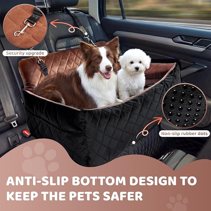 Garvee Dog Car Seat for Small,Medium Large Dog, Double Dogs Car Seat as Traval Bed, Waterproof Thick Cushion, Triple Belts & Harness, Portable Machine Washable Pets Booster Seat w/Side Pocket
