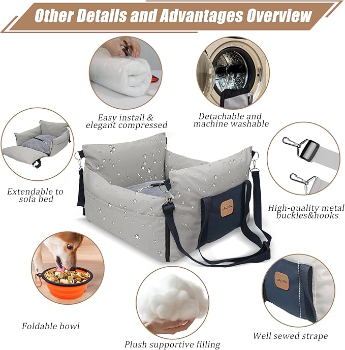 MILA&LOUIS Dog Car Seat 5 Side Waterproof, for Medium, Booster Seat with Safety Leash, Bed Cover with Storage Pockets, Small Pet Carrier Bed for Travel and Home
