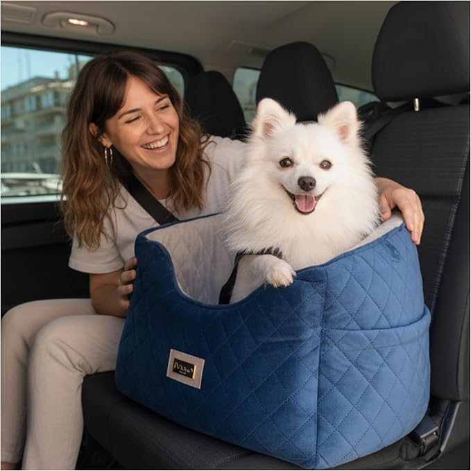 Premium 2-in-1 Dog Car Seat & Home Bed for Small Dogs – Premium Travel Pet Bed with Safety Straps, Stylish Design, Soft Plush Cushion & Secure Portable Comfort – Under 30lbs (Blue)