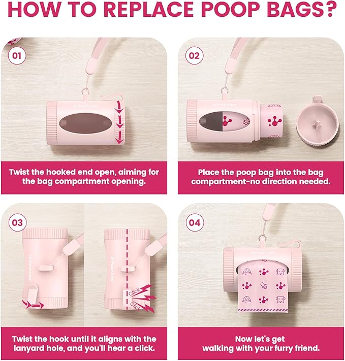 Dog Poop Bag Rolls with Retractable Poop Bag Holder, Leak Proof and Extra Thick Lavender Pet Waste Bags, 70% Recycled GRS Certified, 1 Dispenser and 105 Bags for Doggy Walking & Cat Litter