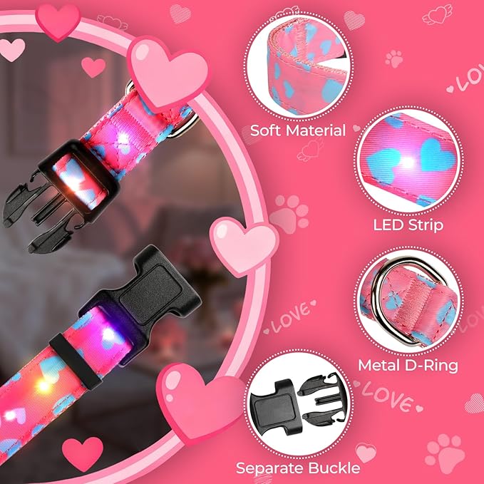 Light Up Dog Collar, LED Dog Collar Glow in The Dark - USBC Rechargeable, 3 Flashing Modes Adjustable Glow Collar, Safety Fashionable Cute Dog Light Up Collars for Medium Large Dogs-Blue Heart Shape