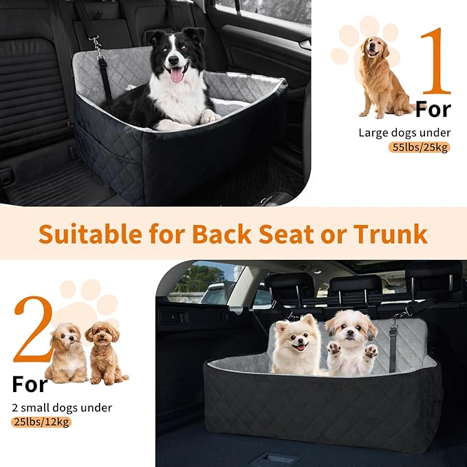 Dog Car Seat for Large Dogs Up to 55 lbs, Pet Booster Seat with Memory Foam, Non-Slip Washable Dog Car Bed with 2 Safety Leashes & Storage Pockets for SUV & Sedan