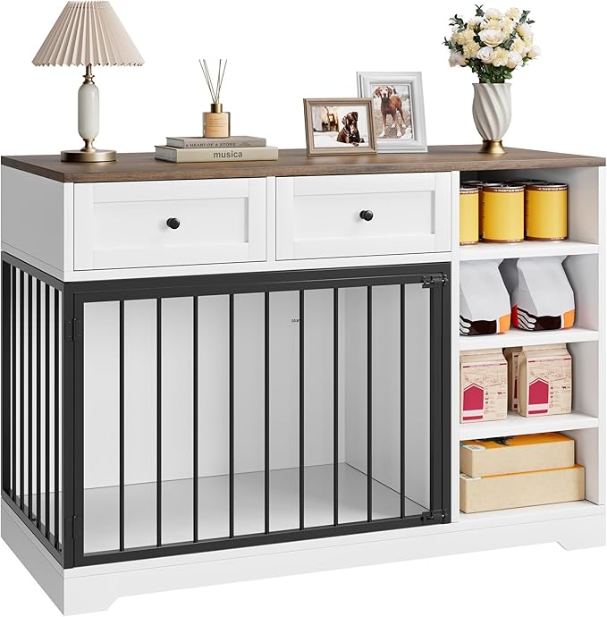 IDEALHOUSE 47” Large Dog Crate, Dog Kennel Indoor with 2 Drawers and 4 Shelves, Dog Crate Furniture TV Stand, Wooden Dog Cage for Medium Large Dogs, White
