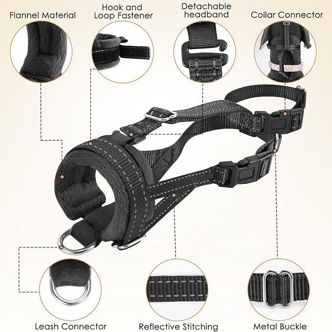 SlowTon Soft Dog Muzzle, Adjustable Padded Nylon Muzzle for Large Medium Dogs Anti Chewing Barking Biting, Allow Dog Pant & Drink（Black,Large