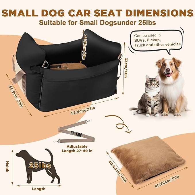 Dog Car Seats for Small Dogs, 2-in-1 Waterproof Pet Booster Seat for Car with Side Handles and a Storage Pocket, Clip-On Safety Leash and PP Cotton Filling, Vehicle Bed for Puppy up to 25 lbs (Black)