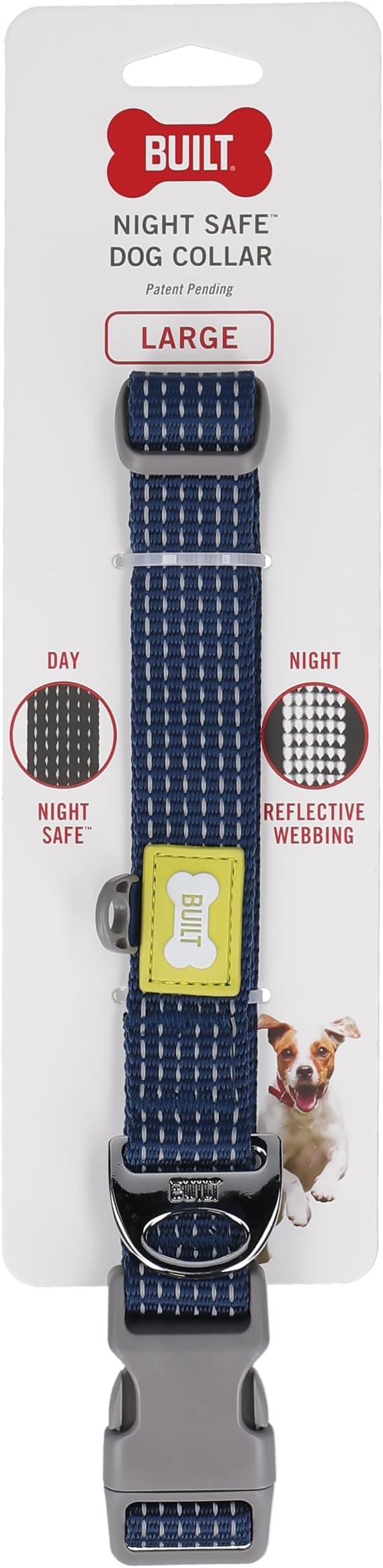 BUILT PET NightSafe Reflective Adjustable Dog Collar, Helps You See Animals in The Dark, High Visibility Evening & Winter Dog Walking Safety Collar with Light Reflecting Trim, Large, 46 – 66cm, Blue