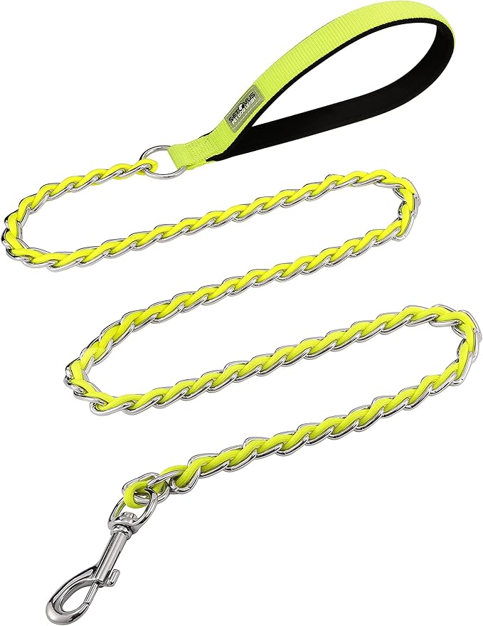 Dog Leash Chew Proof, Chain Leash Anti Chew Dog Leash for Large Dogs Heavy Duty, Indestructible Metal Leash Anti Bite Chain Link with Woven Cord Soft Padded Handle (Yellow, 5FT)