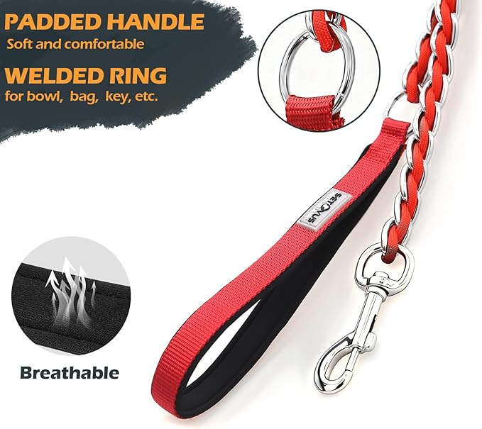 Dog Leash Chew Proof, Chain Leash Anti Chew Dog Leash for Large Dogs Heavy Duty, Indestructible Metal Leash Anti Bite Chain Link with Woven Cord Soft Padded Handle (Red, 5FT)