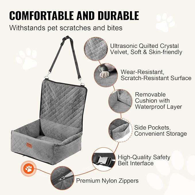VEVOR Dog Car Seat, Dog Booster Seat for Car with a Storage Pocket, Clip-On Safety Leash, Sponge and PP Cotton Filling, Vehicle Bed for Small & Medium Dogs up to 40lbs,Gray