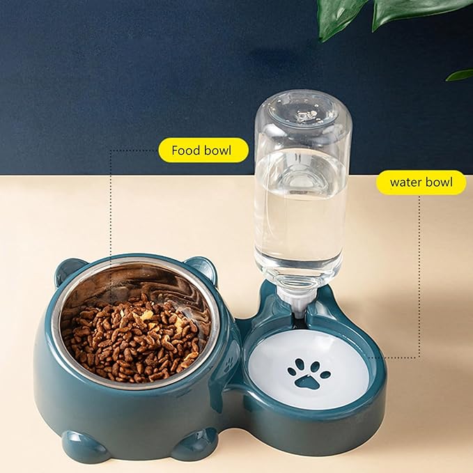 Anti Tip Pet Food Water Bowl Set Automatic Dispenser Bottle Detachable Metal Dish Ergonomic Raised Feeder for Cats Dogs Spill Proof Dog Dish with Stainless Steel Bowl