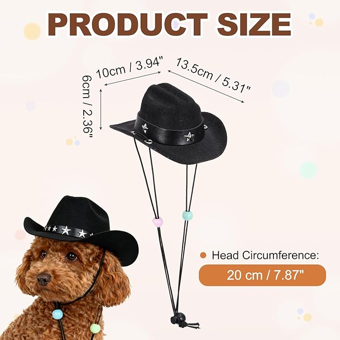 Dog Cowboy Hat, Mini Cowboy Hat for Pet with Chin Strap Adjustable Cosplay Cap Star Decor, (Black, S), Intended for Dogs and Cats/Halloween Costume/Party Decoration