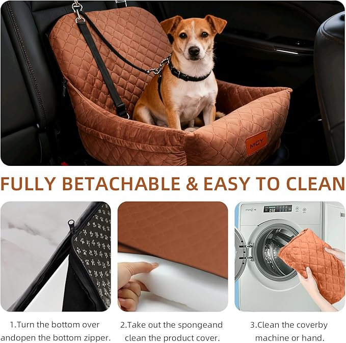 Dog Car Seat for Small Dogs, Fully Detachable and Washable Pet Booster Car Seats, Pet Travel Home Bed Ultra Soft Fabric, Adjustable Straps,Easy to Install, Brown