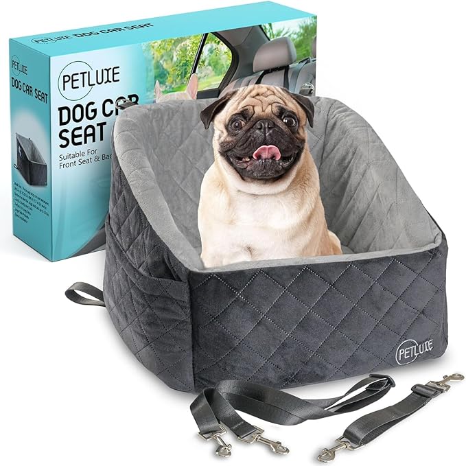 Dog Car Seat – Soft and Comfy Dog Booster Car Seat for Small, Medium Dogs Weighing Up to 30 lbs – Washable and Detachable Puppy Booster Seat with Strap and Pocket – Pet Travel Essential