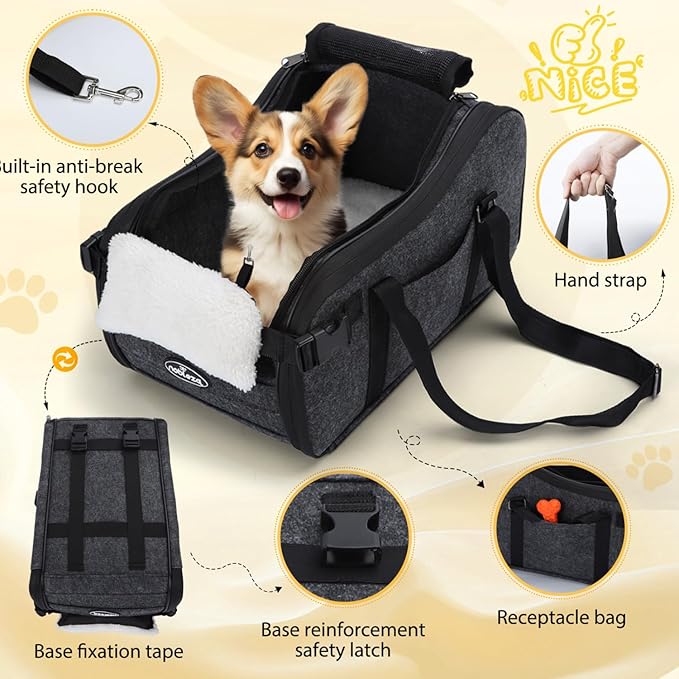 Nobleza Dog Car Seat for Center Console, Detachable Console Pet Seat for Small Puppy Cat Kitten with Safety Protective Hooks, Adjustable Straps Storage Pocket & Safety Leash for Outdoor Travel