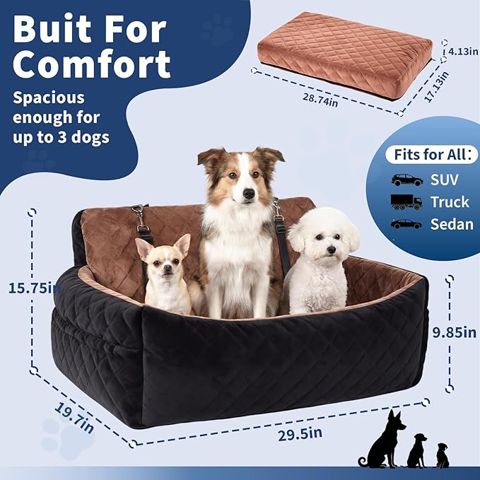 Dog Car Seat for Medium Large Dogs, Washable Pet Booster Bed with 2 Safety Leashes,4” Thick Plush Cushion for Backseat, Anti-Slip Base for SUV Sedan Truck Travel, Black+Dark Brown