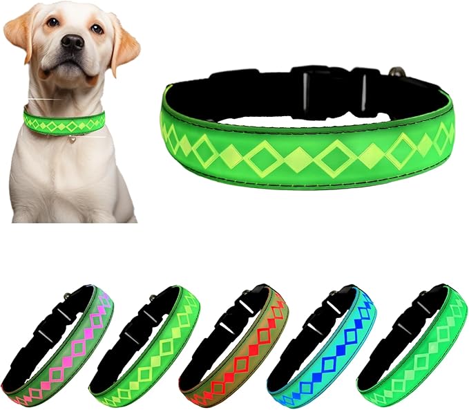 Personalized Flashing Night Dog Collar with Waterproof airtag Holder for Black Dog Night Walking (Green, M(11.8-15.7"))