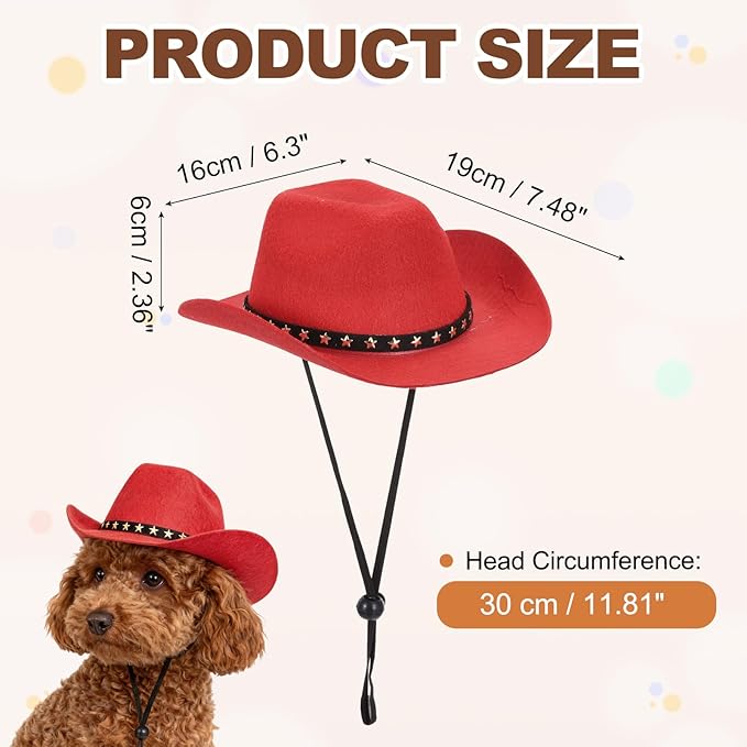 Dog Cowboy Hat, Mini Cowboy Hat for Pet with Chin Strap Adjustable Cosplay Cap, (Red, L), Intended for Dogs and Cats/Halloween Costume/Party Decoration