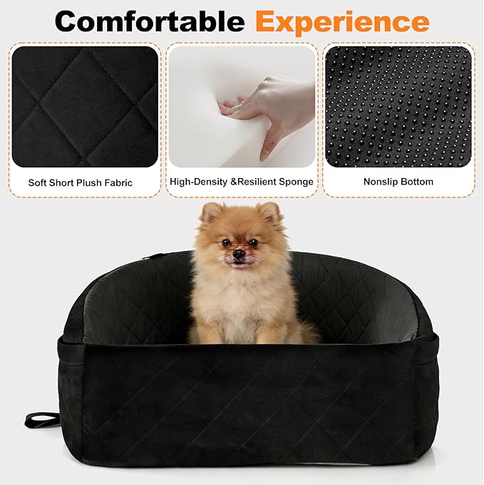 Small Dog Car Seat (Up to 30 lbs), Versatile Travel Bed Booster for Front or Back Seats, Removable and Machine Washable, Includes 2 Storage Pockets - Black