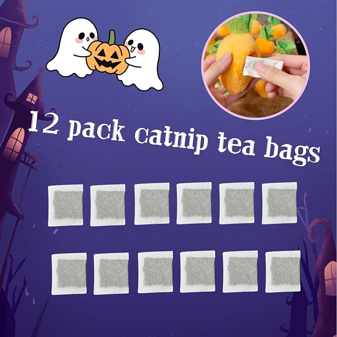 Carrot Patch Cat Toy Halloween Edition, Carrot Mat Pocket with Pumpkin Design, 12 Squeaky Carrot with Pockets and 6 Ghost-Themed Toys for Indoor Cats Kicking and Biting