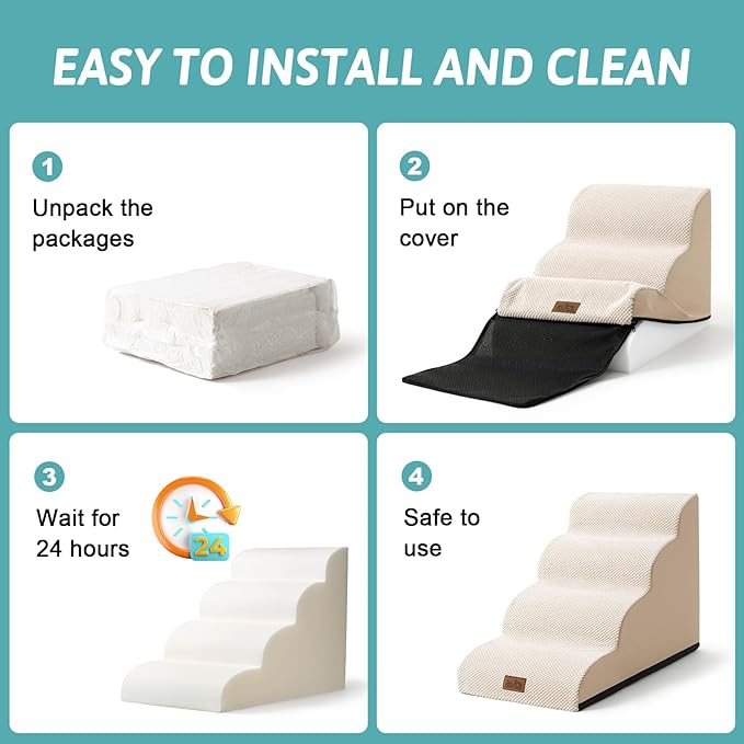 Dog Stairs for Small Dogs 19.7" H, Curved Dog Step for Puppy, Older or Cat, Medium Pet Ramp for Sofa, Couch or Bed, Ladder with High Density Foam, 4 Step, 15.7x28.3x19.7 inch, Beige