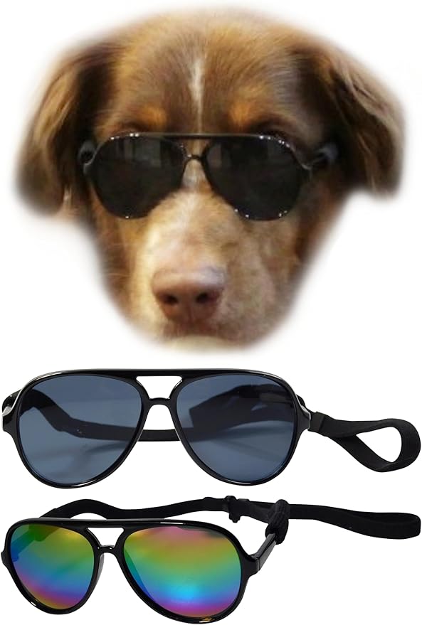 G010 Dog Pet Costume Prop Aviator Sunglasses Medium Breeds 20-40 lbs (2-Pack Black + Black-Rainbow Mirror)