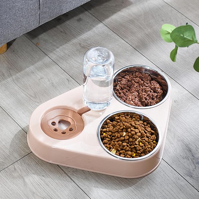 Triple Cat Bowl, Pet Water and Food Bowl Set, Prevent Spill Automatic Water Dispenser Bottle, Detachable Stainless Steel Pet Feeder for Cat, Dog, Puppy, Rabbit, Bunny
