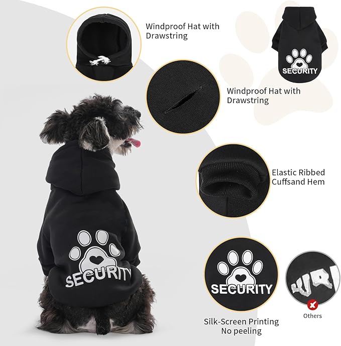 BEAUTYZOO Security Dog Hoodie Sweaters for Small Medium Large Dogs, Brushed Fleece Dog Clothes with Hat,Soft Winter Fall Coat All Weather Pullover, Classic Halloween Costume with Leash Hole, Black SM