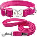 Dog Collar Leash Set Personalized Soft Reflective Dogs Collars Lead Padded for Small Medium Large Dogs French Bulldog Pitbull Rose Red S