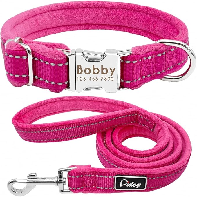 Dog Collar Leash Set Personalized Soft Reflective Dogs Collars Lead Padded for Small Medium Large Dogs French Bulldog Pitbull Rose Red M