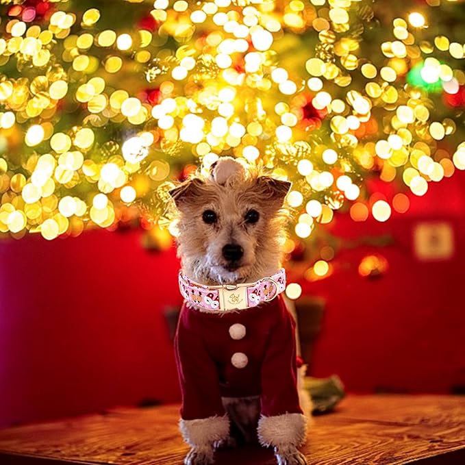 Elegant little tail Christmas Dog Collar, Pink Deer Print Pet Collar Dog Durable Cute Dog Collars Winter Holiday Male or Female Pet Gift Adjustable Dog Collar for X-Small Puppy