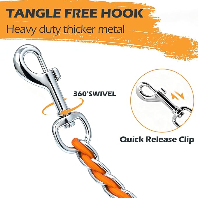 Dog Leash Chew Proof, Chain Leash Anti Chew Dog Leash for Large Dogs Heavy Duty, Indestructible Metal Leash Anti Bite Chain Link with Woven Cord Soft Padded Handle (Orange, 5FT)