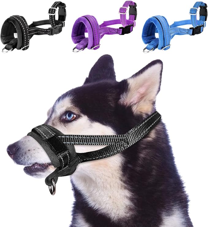 SlowTon Soft Dog Muzzle, Adjustable Padded Nylon Muzzle for Large Medium Dogs Anti Chewing Barking Biting, Allow Dog Pant & Drink (Black, S)