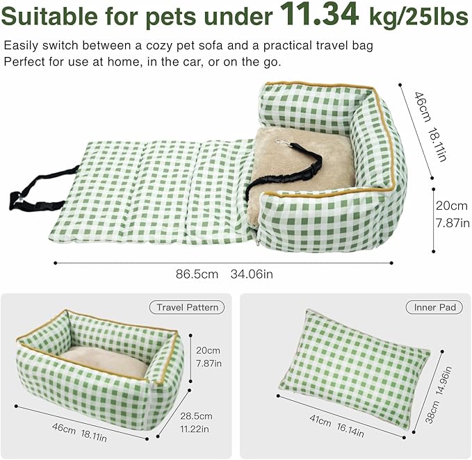 Pet Car Booster Seat for Small Dogs & Cats up to 25 lbs – Plaid Travel Seat with Safety Leash, Adjustable Straps, Non-Slip Base, 2-in-1 Convertible Bed, Detachable & Washable (Green Plaid)