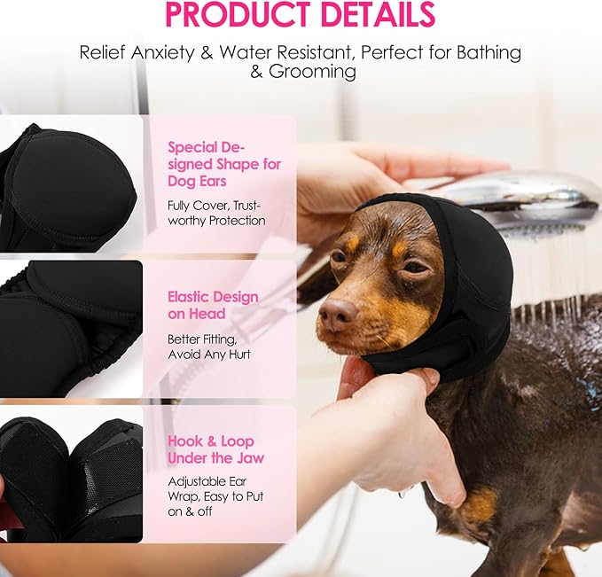KOESON Dog Calming Hoodie - No Shake Ear Wraps for Dogs, Anxiety Relief & Noise Protection, Water Resistant Pet Ear Cover Muffs for Firework, Grooming, Thunderstorms, Swimming, Bathing, Black L