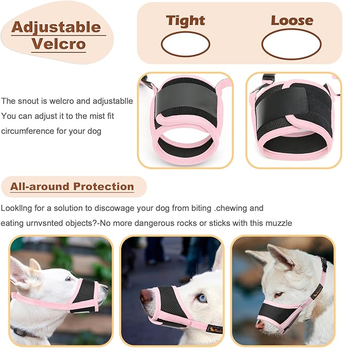 HEELE Dog Muzzle,Soft Nylon Muzzle Anti Biting Barking Chewing,Air Mesh Breathable Drinkable Adjustable Loop Pets Muzzle for Small Medium Large Dogs 4 Colors 4 Sizes (Pink, S)