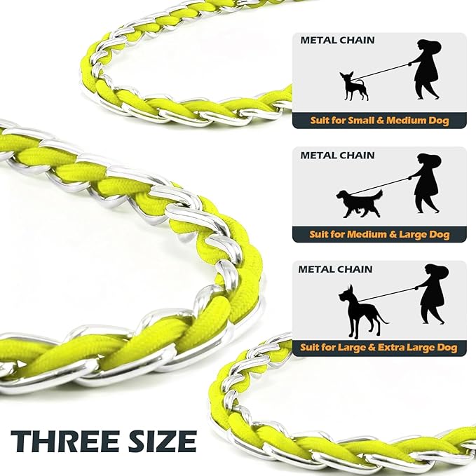 Dog Leash Chew Proof, Chain Leash Anti Chew Dog Leash for Large Dogs Heavy Duty, Indestructible Metal Leash Anti Bite Chain Link with Woven Cord Soft Padded Handle (Yellow, 4FT)