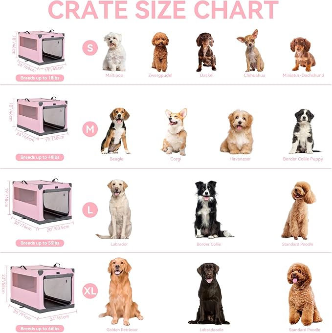 PETSFIT Soft Sided Dog Crate, with Patented Adjustable Fabric Cover, Chewproof & Lockable Mesh Doors, Waterproof Base Collapsible Kennel Pink 40 Inch