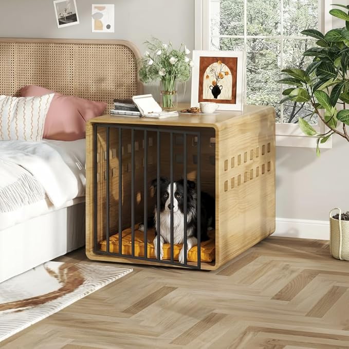 Wooden Furniture Dog Crate for Medium & Small, Solid Wood Puppy Crates for Small Indoor, Decorative Dog Kennel Indoor with Door, Pet House End Table for Bedroom, Living Room, Natural