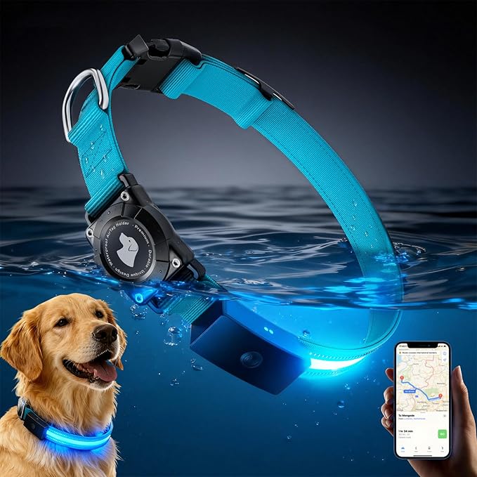 LED AirTag Dog Collar - Brightest Light Up Dog Collars - IP68 Waterproof Air Tag Dog Collar Holder - 1,600 Feet of High Visibility - Magnetic Charging - Dog Lights for Night Walking, Blue M
