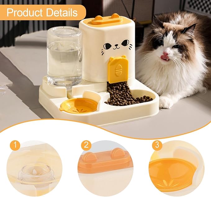 2 in 1 Automatic Pet Feeder and Water Dispenser, 1800ml Dry Food 800ml Water Capacity, Portable Cat Dog Food Bowl for Small Animals- Yellow