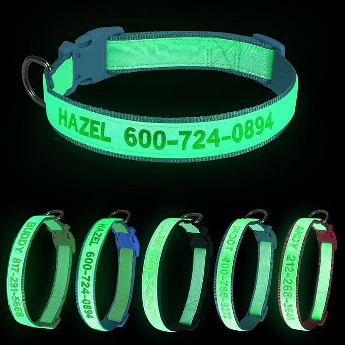 Personalized Glow in The Dark Embroidered Dog Collar, Luminous Custom Dog Collar with Name and Number, Fluorescent Glow Lighted Dog Collars for Night Adjustable Length Fits All Dogs
